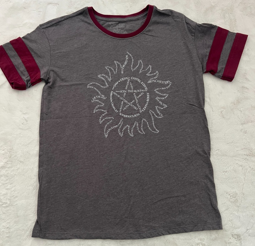 Supernatural Join The Hunt Adult Medium Gray Burgundy Graphic Ringer T Shirt